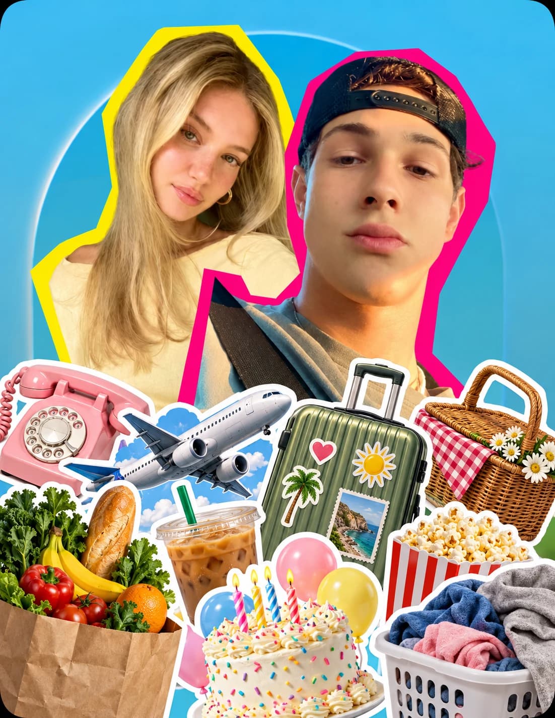 Friends surrounded by travel, picnic and celebration stickers on a blue background