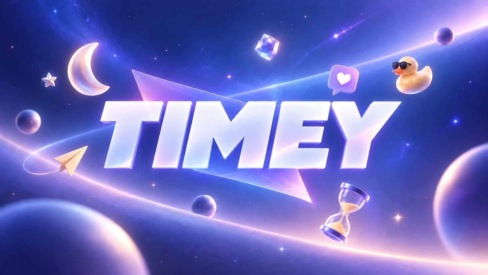 Timey lettering surrounded by playful planets, stars and an hourglass